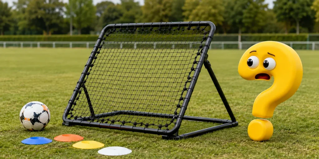 Winkelverstellbarer Fußball-Rebounder mit Ball und Markierungstellern neben dem gelben Question-King-Fragezeichen.
