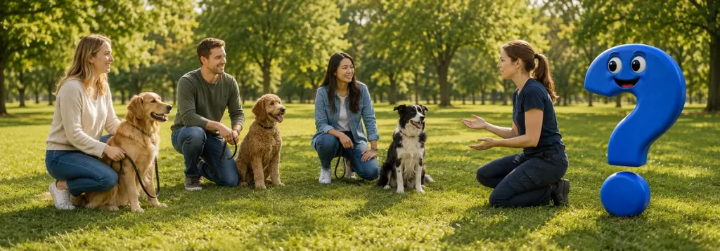 Eine Hundetrainerin erklärt drei Mensch-Hund-Teams in einer kleinen, entspannten Gruppenstunde eine Übung, während das blaue Fragezeichen zusieht.