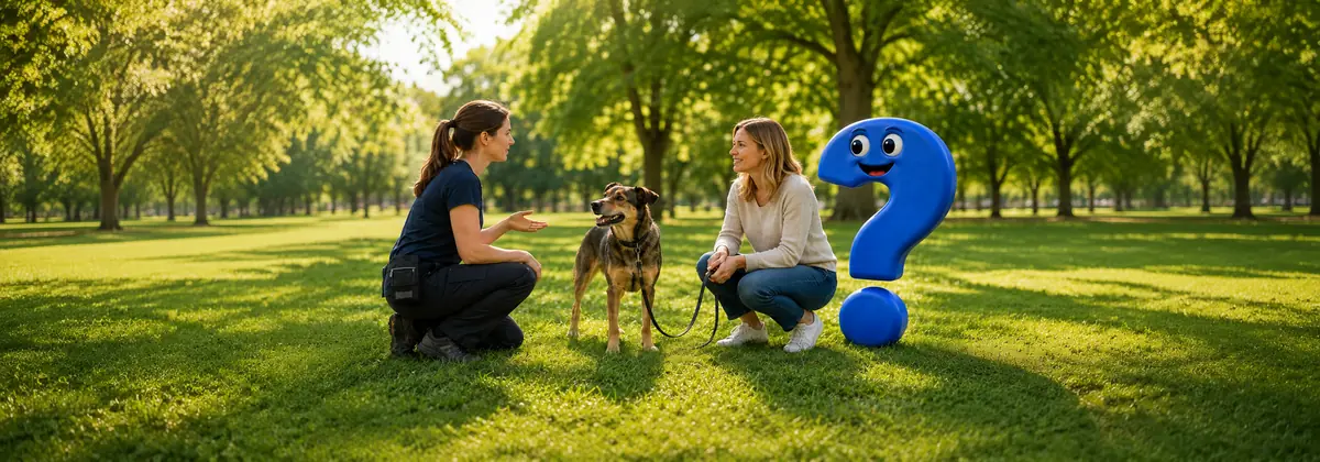 Wie erkenne ich einen guten Hundetrainer? Ein guter Hundetrainer spricht im Park mit einer Hundehalterin, während ihr entspannter Hund und das blaue Question-King-Fragezeichen aufmerksam zusehen.