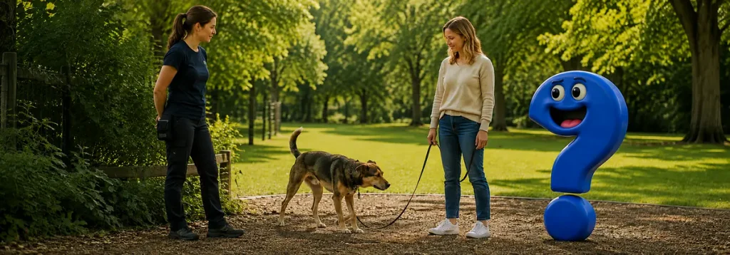 Eine Hundetrainerin beobachtet ruhig einen schnüffelnden Hund an lockerer Leine, begleitet vom neugierigen blauen Question-King-Fragezeichen.