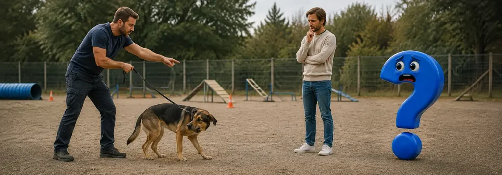 Ein Hund weicht an gespannter Leine vor einem drängenden Trainer zurück, während sein Halter und das blaue Question-King-Fragezeichen besorgt reagieren.