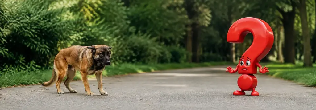 Ein Hund legt beide Ohren eng zurück, hält den Körper niedrig und verlagert sein Gewicht nach hinten; ein rotes Fragezeichen wahrt Abstand.