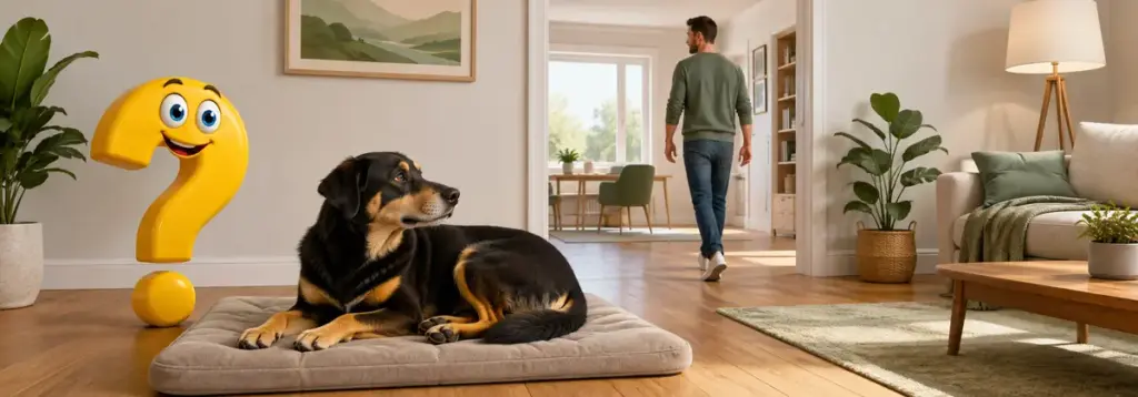 Ein entspannter Mischlingshund bleibt auf seiner Matte, während seine Bezugsperson den Raum verlässt; daneben steht ein gelbes Fragezeichen.
