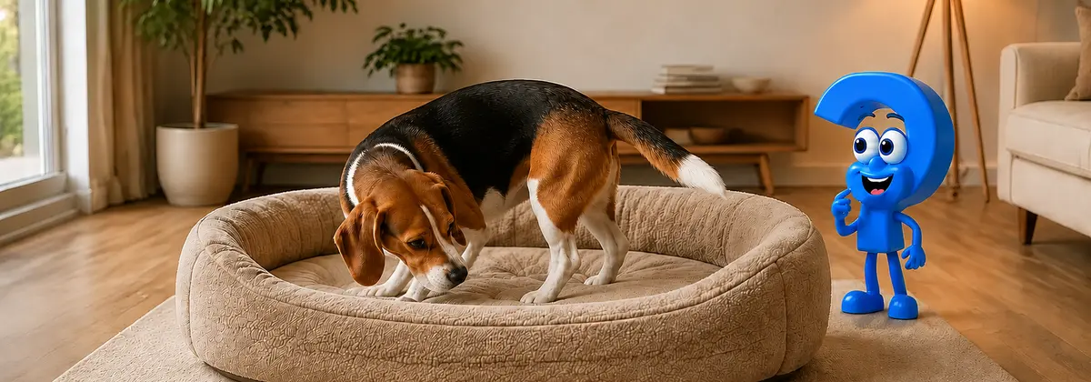 Hund dreht sich im Kreis: Ein Beagle dreht sich vor dem Hinlegen in einem großen Hundebett, begleitet von einem neugierigen blauen Fragezeichen.