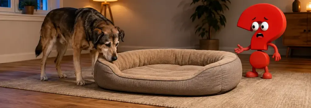 Ein älterer Mischlingshund steht angespannt neben seinem Bett und findet keine Ruhe; daneben reagiert ein besorgtes rotes Fragezeichen.