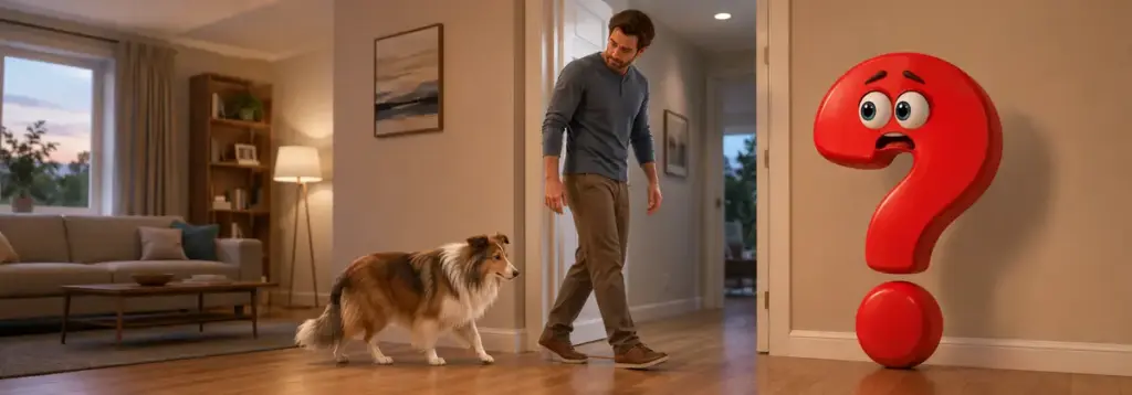 Ein älterer Sheltie folgt seiner Bezugsperson angespannt durch die Wohnung, begleitet von einem besorgten roten Fragezeichen.