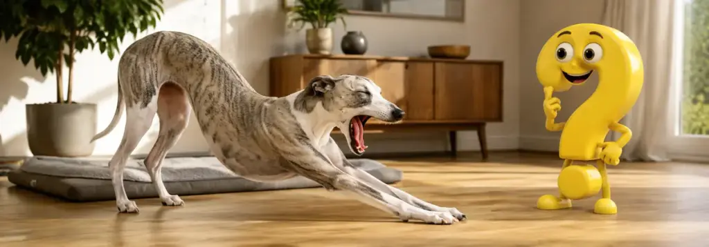 Ein junger Whippet gähnt und streckt beide Vorderbeine vor seiner Hundematte, während ein gelbes Fragezeichen die entspannte Szene betrachtet.