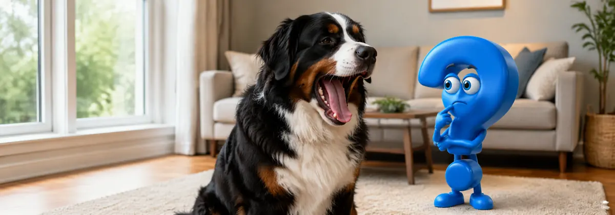 Hund gähnt viel: Ein Berner Sennenhund öffnet in einem hellen Wohnzimmer das Maul zum Gähnen, während ein blaues Fragezeichen ihn beobachtet.