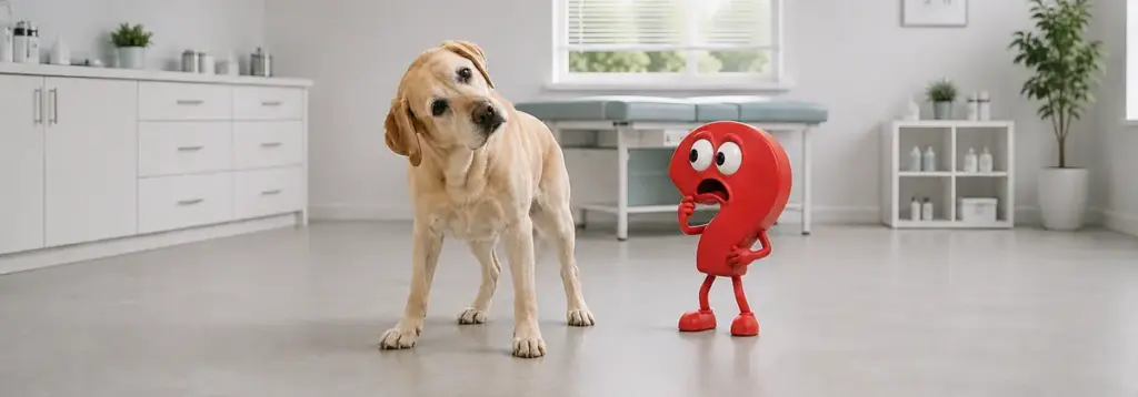 Ein älterer Labrador hält den Kopf deutlich schief und steht breitbeinig in einer Tierarztpraxis, während ein besorgtes rotes Fragezeichen Abstand hält.