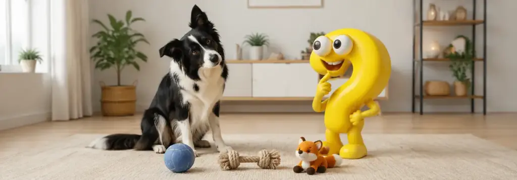 Ein Border Collie neigt aufmerksam den Kopf, während vor ihm drei unterschiedliche Spielsachen liegen und ein gelbes Fragezeichen nachdenklich zusieht.