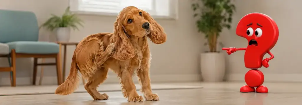 Ein Cocker Spaniel hält den Kopf schief und ein Ohr seitlich, während ein besorgtes rotes Fragezeichen ihn beobachtet.