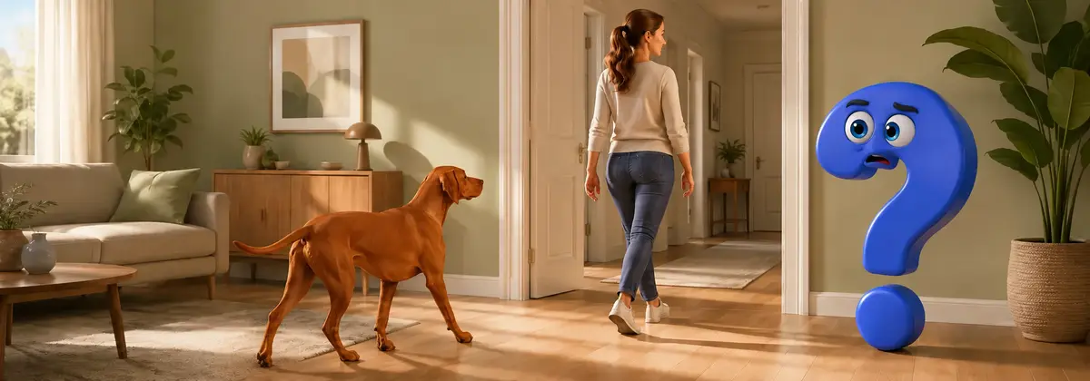 Ein Hund läuft immer hinterher und folgt seiner Bezugsperson vom Wohnzimmer in den Flur, begleitet von einem fragenden blauen Fragezeichen.