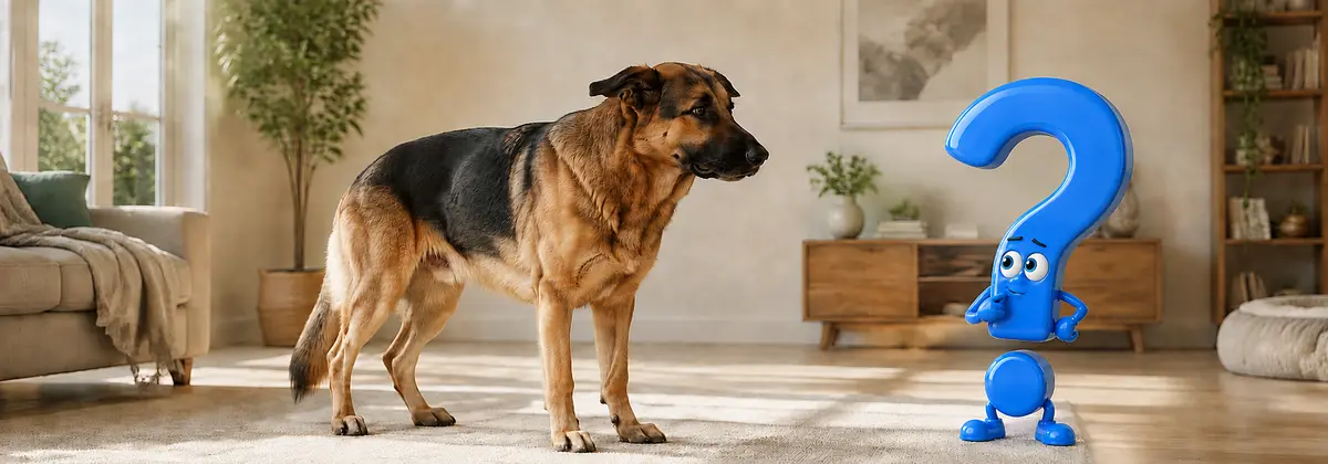 Hund legt Ohren an: Ein Schäferhund hält beide Ohren sichtbar nach hinten, während ein neugieriges blaues Fragezeichen seine lockere Körperhaltung beobachtet.