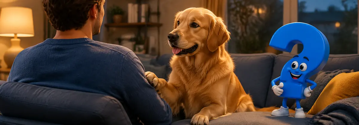 Hund legt Pfote auf mich: Golden Retriever legt einer auf dem Sofa sitzenden Person sanft die Pfote auf den Arm