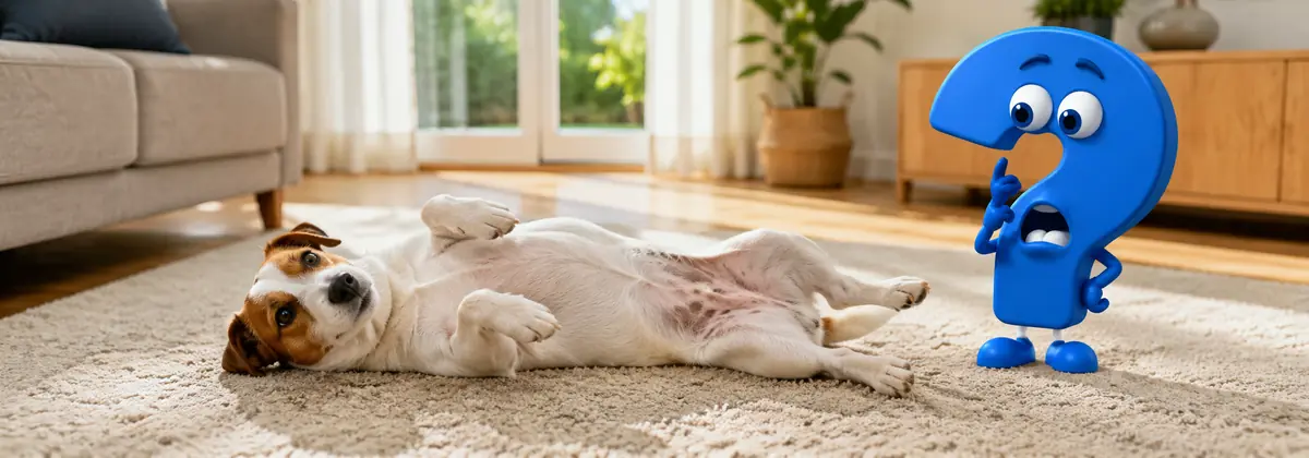 Warum legt sich mein Hund auf den Rücken? Ein entspannter Jack Russell Terrier zeigt in einem Wohnzimmer den Bauch neben einem blauen Fragezeichen.