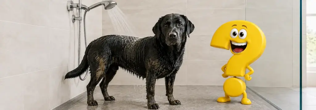Ein schmutziger Labrador steht unter einem sanften Wasserstrahl in einer ebenerdigen Dusche, begleitet von einem erleichterten gelben Fragezeichen.