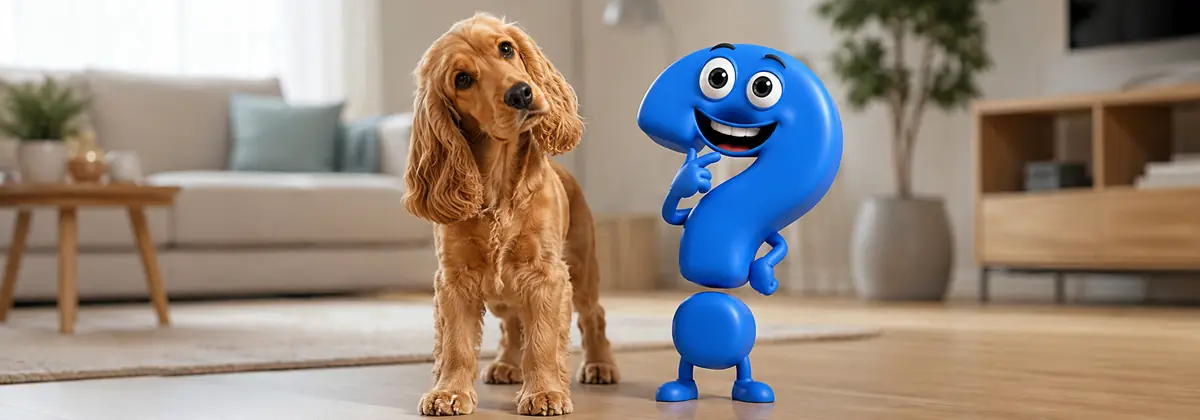 Hund neigt den Kopf: Ein Cocker Spaniel hält beim Zuhören den Kopf leicht schief, während ein neugieriges blaues Fragezeichen die Reaktion beobachtet.