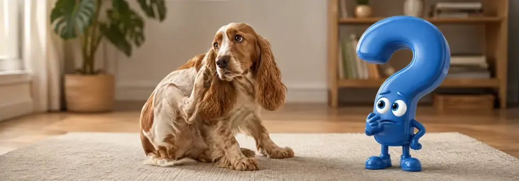 Ein Cocker Spaniel kratzt sich mit der Hinterpfote am Ohr, während ein besorgtes blaues Fragezeichen die Szene beobachtet.