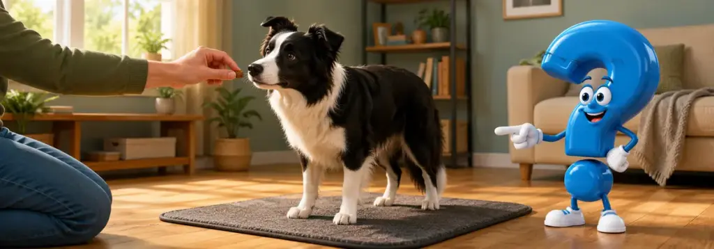 Border Collie wartet mit allen vier Pfoten auf einer Matte und wird für ruhiges Verhalten belohnt