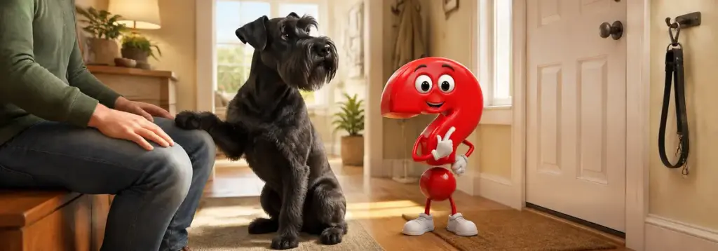 Zwergschnauzer legt einer sitzenden Person neben der Haustür erwartungsvoll die Pfote aufs Knie