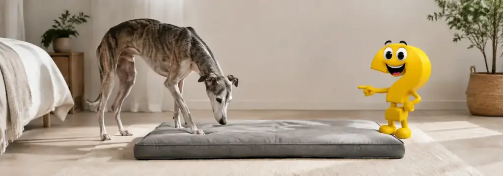 Ein älterer Windhund prüft eine große flache Schlafmatte, während ein gelbes Fragezeichen die Szene beobachtet.