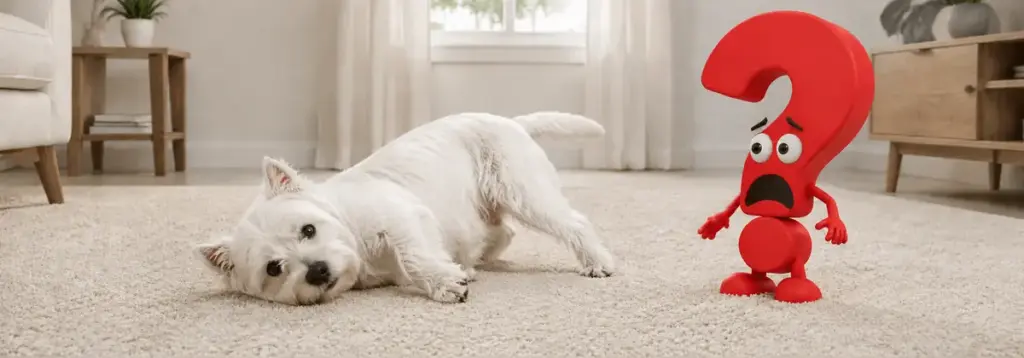 Ein West Highland White Terrier reibt auffällig Rücken und Schulter über einen Wohnzimmerteppich, während ein besorgtes rotes Fragezeichen sein Fell beobachtet.