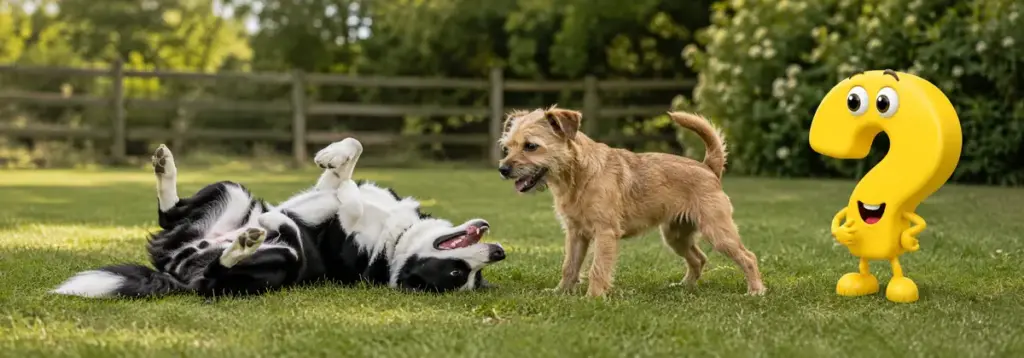 Ein Border Collie rollt sich beim Spielen locker auf den Rücken, während ein Terrier und ein gelbes Fragezeichen die Szene beobachten.