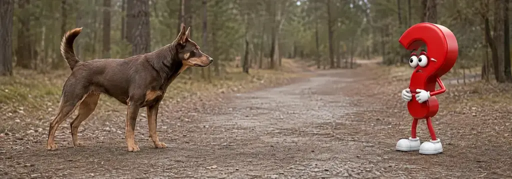 Ein angespannter Hund wedelt mit der Rute nur knapp und trägt sie hoch, während ein besorgtes rotes Fragezeichen Abstand hält.