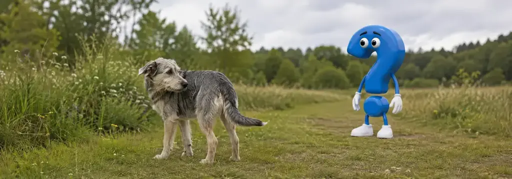 Ein unsicherer Hund wedelt mit der Rute in tiefer Haltung, während ein aufmerksames blaues Fragezeichen ihm Raum gibt.