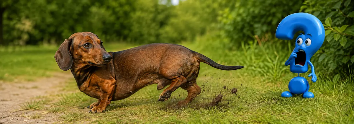 Hund scharrt nach dem Geschäft: Ein Dackel schleudert mit den Hinterpfoten Erde und Gras nach hinten, während ein erstauntes blaues Fragezeichen zusieht.