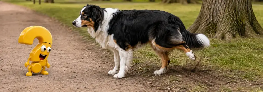 Ein Australian Shepherd scharrt nach dem Pinkeln mit einem Hinterbein über den Boden und hinterlässt sichtbare Kratzspuren; ein gelbes Fragezeichen beobachtet die Bewegung.