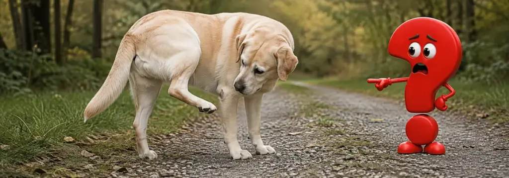 Ein älterer Labrador hält nach dem Scharren eine Hinterpfote hoch und schaut zurück; ein besorgtes rotes Fragezeichen weist auf mögliche Pfotenbeschwerden hin.