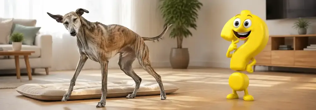 Ein Whippet schüttelt sich nach dem Aufstehen neben seiner Schlafmatte, während ein entspanntes gelbes Fragezeichen die Szene beobachtet