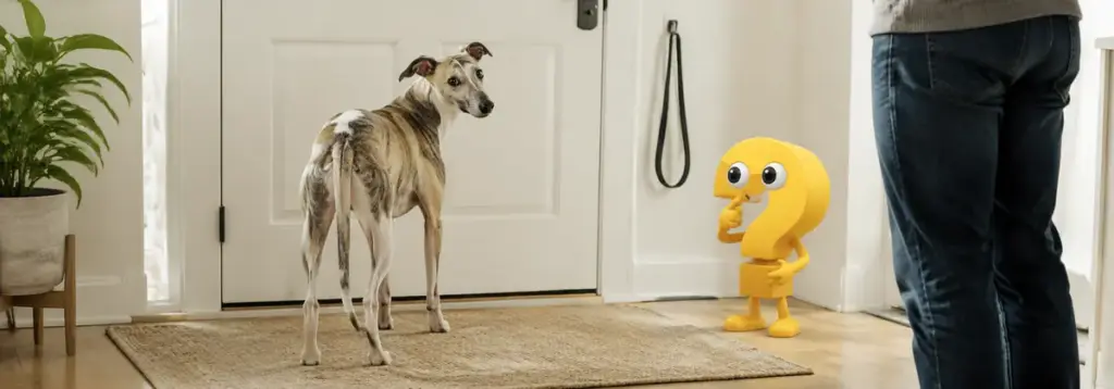 Hund starrt mich an: Ein Whippet blickt von der Haustür zu seiner Bezugsperson zurück, begleitet von einem gelben Fragezeichen.