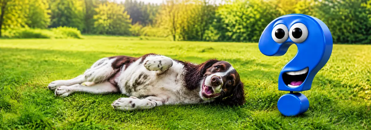 Hund wälzt sich in Gras: Ein English Springer Spaniel rollt mit lockerer Körperhaltung über eine Wiese, während ein neugieriges blaues Fragezeichen zusieht.