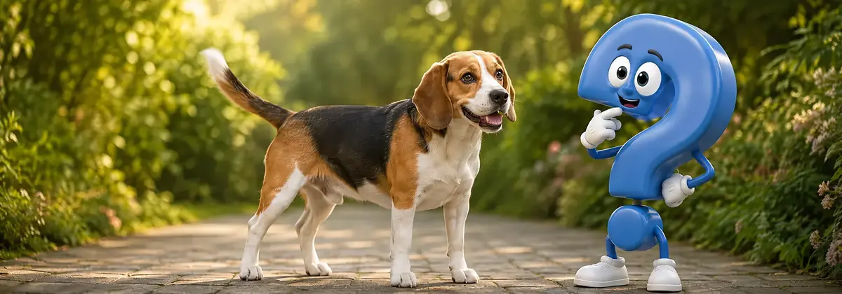 Ein Hund wedelt mit der Rute: Ein Beagle steht neben einem neugierigen blauen Fragezeichen auf einem Gartenweg.