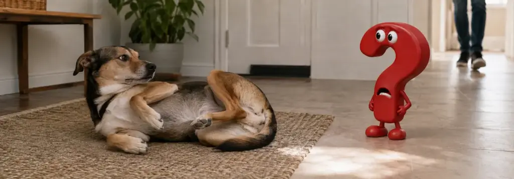 Ein unsicherer Hund liegt angespannt mit sichtbarem Bauch, während sich im Hintergrund eine Person nähert; daneben steht ein rotes Fragezeichen.