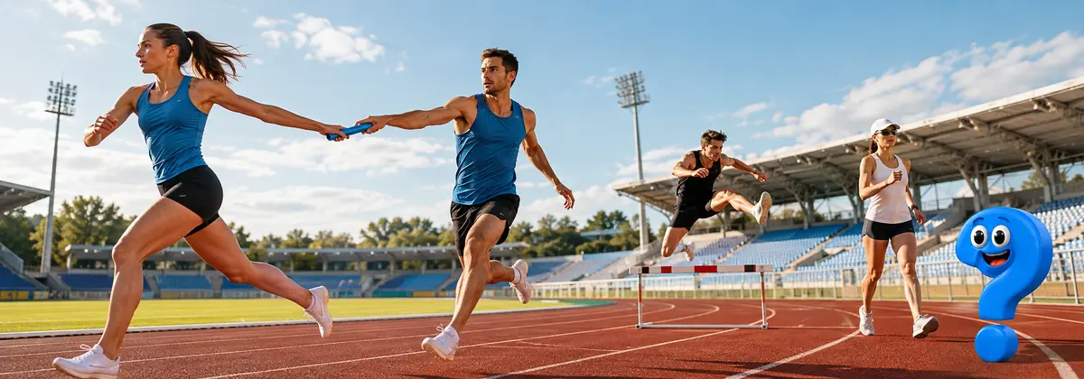Leichtathletik Disziplinen: Staffelübergabe, Hürdenlauf und Sportgehen auf einer Leichtathletikbahn mit Question-King-Fragezeichen