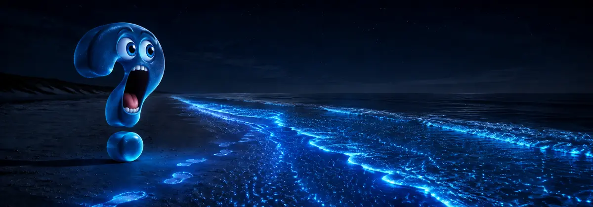 Blaues Meeresleuchten an einem nächtlichen Strand mit staunendem Question-King-Fragezeichen