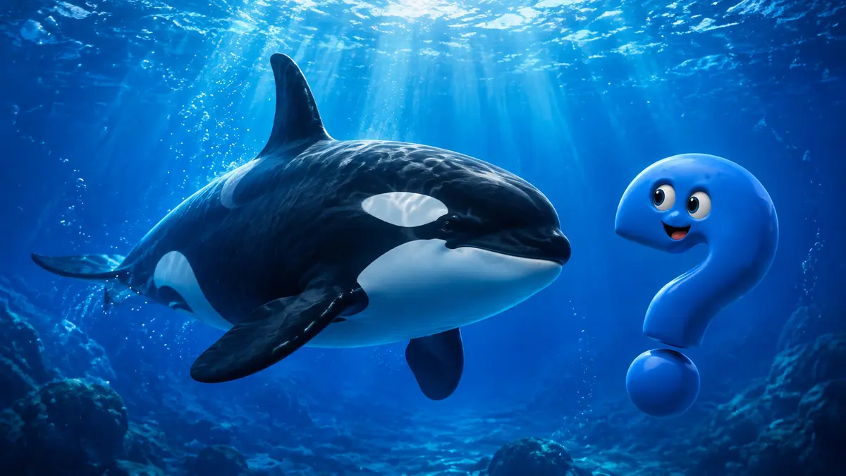 Orca unter Wasser neben einem blauen Fragezeichen-Maskottchen