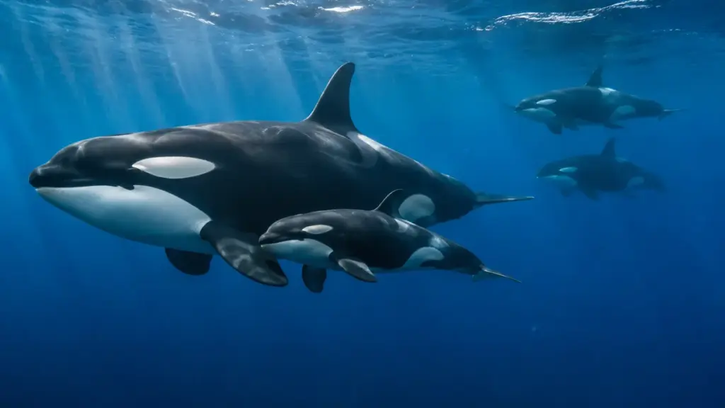 Orca-Mutter schwimmt mit ihrem Kalb und weiteren Mitgliedern der Familiengruppe durch den Ozean