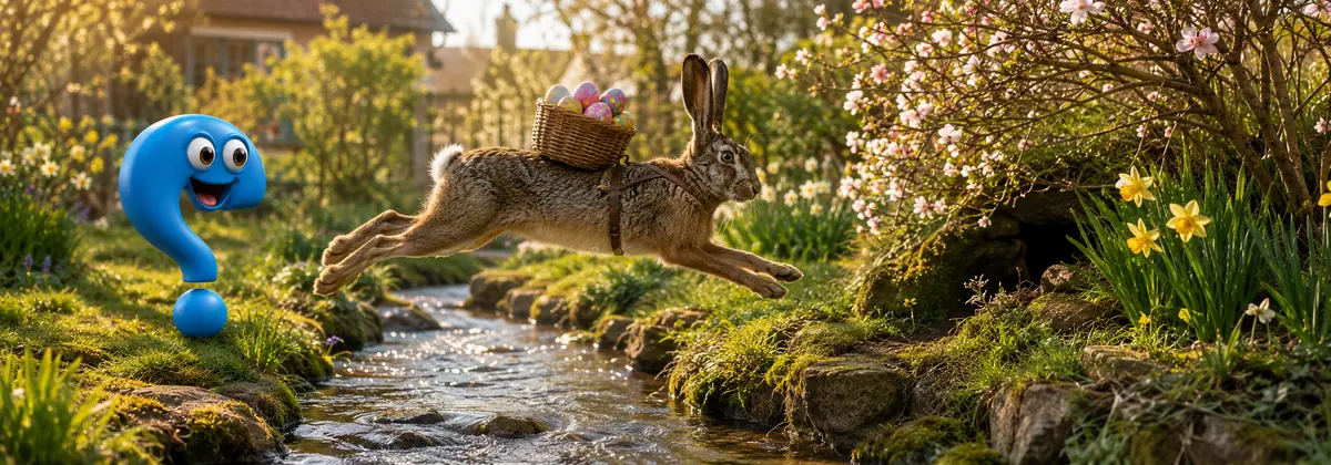 Osterhase springt mit einem Korb voller bunter Eier über einen kleinen Bach, während das blaue Question-King-Fragezeichen zusieht.