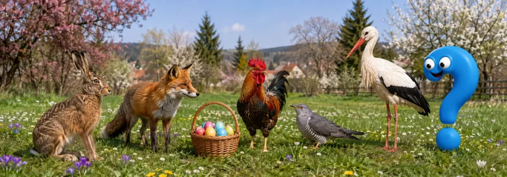 Osterhase, Fuchs, Hahn, Kuckuck und Storch als frühere Eierbringer neben einem Korb mit Ostereiern