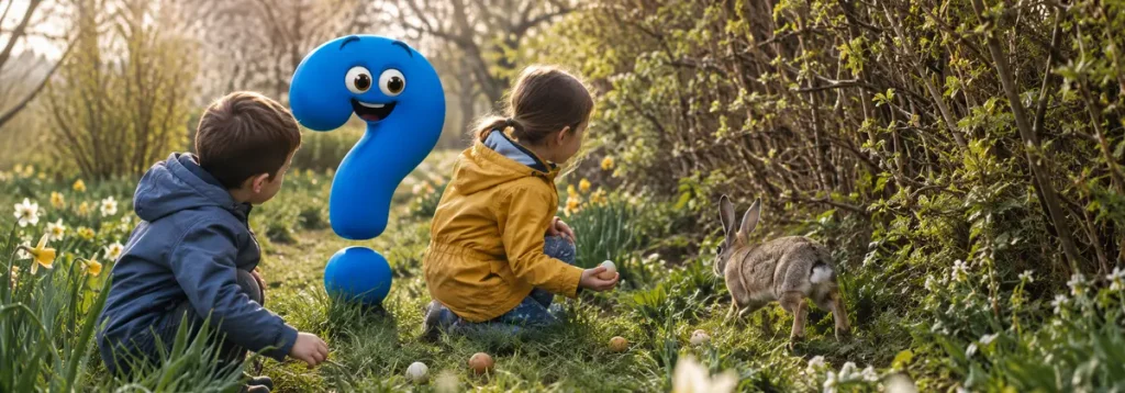 Kinder suchen Ostereier im Garten, während ein Hase und das blaue Question-King-Fragezeichen zusehen