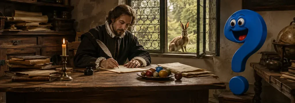 Erste schriftliche Erwähnung des Osterhasen im Jahr 1682 mit Gelehrtem, Ostereiern, Feldhasen und Question-King-Fragezeichen