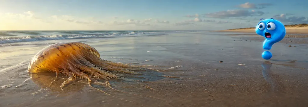 Angespülte Gelbe Nesselqualle am Nordseestrand mit vorsichtigem Question-King-Fragezeichen in sicherem Abstand