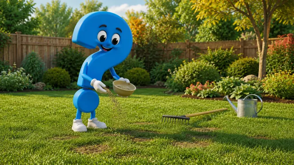 Blaues Fragezeichen-Maskottchen sät kahle Stellen im frisch vertikutierten Rasen nach.