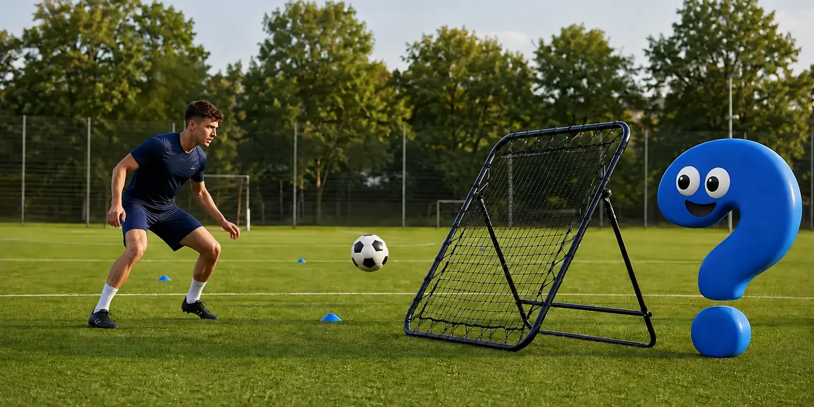 Fußballer spielt einen Ball in einen Rebounder Fußball, während das blaue Question-King-Fragezeichen zusieht.