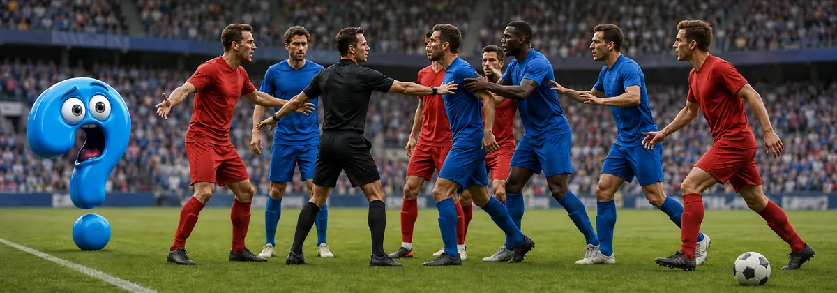 Blaues Question-King-Fragezeichen neben einer Rudelbildung beim Fußball aus roten und blauen Fußballspielern, zwischen denen ein Schiedsrichter steht