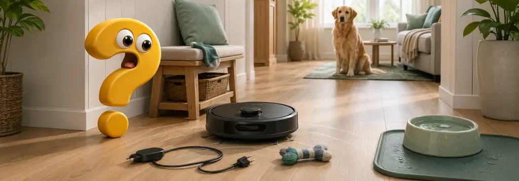 Saugroboter für Tierhaare steht vor Kabel und Hundespielzeug, während der Wassernapf sicher auf einer Unterlage steht